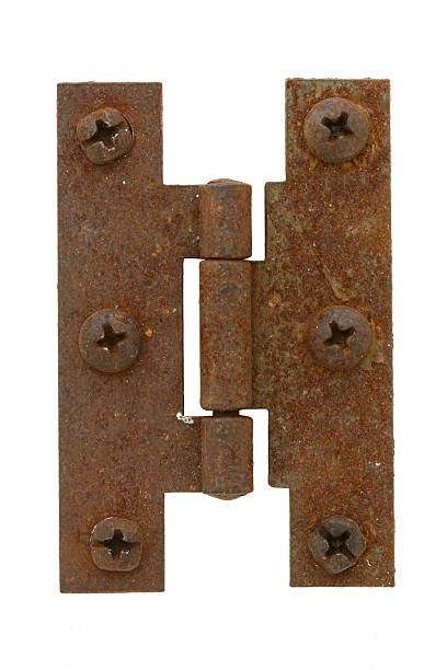 Rusted hinge with screws isolated on white.